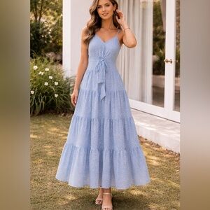 Alex Marie Sky Blue Tiered Maxi Dress with Tie Waist